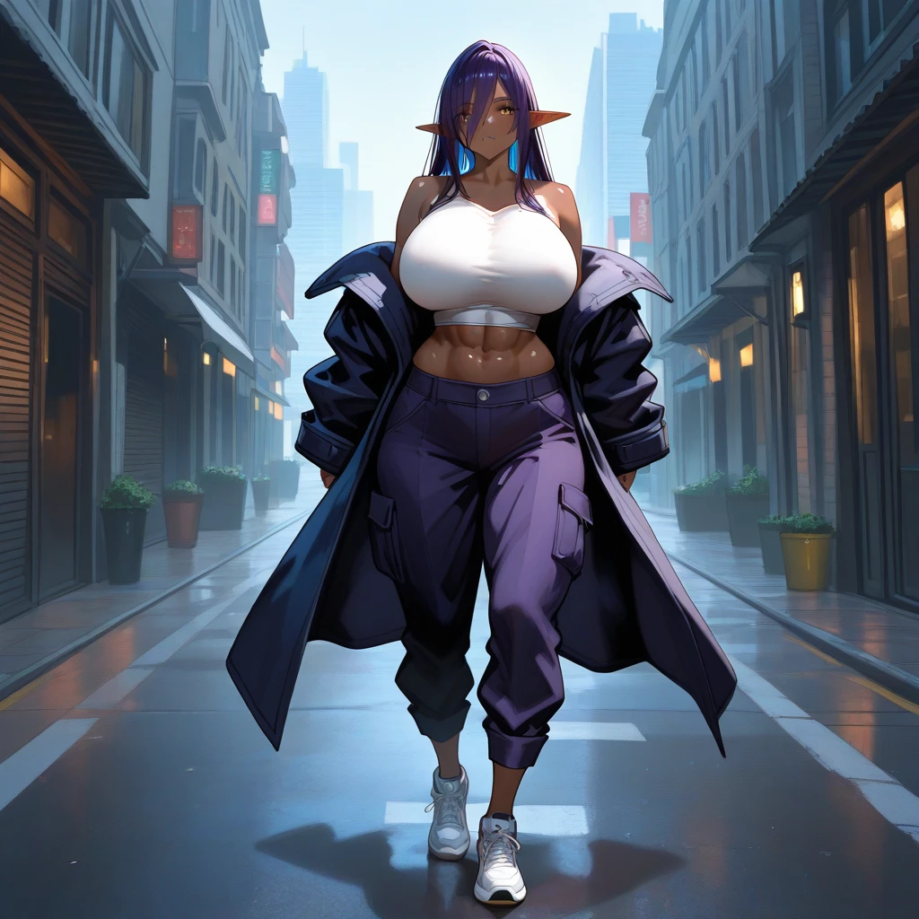 ((solo, 1woman, (TakashiroHiroko, dark purple eyes, purple hair, long hair), lipstick, Extremely detailed, ambient soft lighting, 4k, perfect eyes, a perfect face, perfect lighting, a 1girl)), ((solo, (1woman, lipstick), Extremely detailed, ambient soft lighting, 4k, perfect eyes, a perfect face, perfect lighting, a 1girl)), , ((fitness,, shapely body, athletic body, toned body)), ((purple jacket, red tank top, black leggings, white sneakers, road, night, milky way, lamppost, streetl))