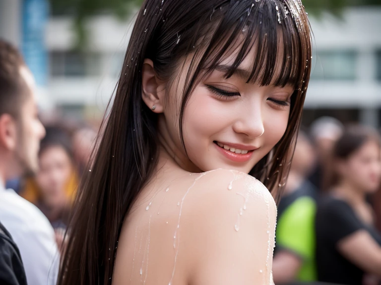 Highest quality, Realistic, 1peopleの女の子, woman,(Skin Dentition), nude,Mid-chest, (bright), (Professional Lighting, Bokeh), (street), people々, crowd, Braided bangs, nice, bloom, Floating Hair, (Dynamic pose:0.6) , Soft lighting, ,((( She is being made to cum)))