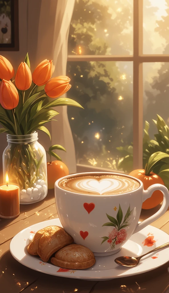 A romantic and cozy indoor café setting near a window with soft warm sparkling morning lighting and beautiful light in the background. A large white ceramic mug decorated with red hearts and green leaves is filled with coffee topped with heart-shaped latte art. Next to the mug is a plate with two heart-patterned pastries. A mason jar filled with orange tulips, fairy lights, and small white stones adds a dreamy touch. A small glowing candle and a spoon with honey sit on a wooden table, enhancing the intimate, comforting ambiance, beautiful morning light