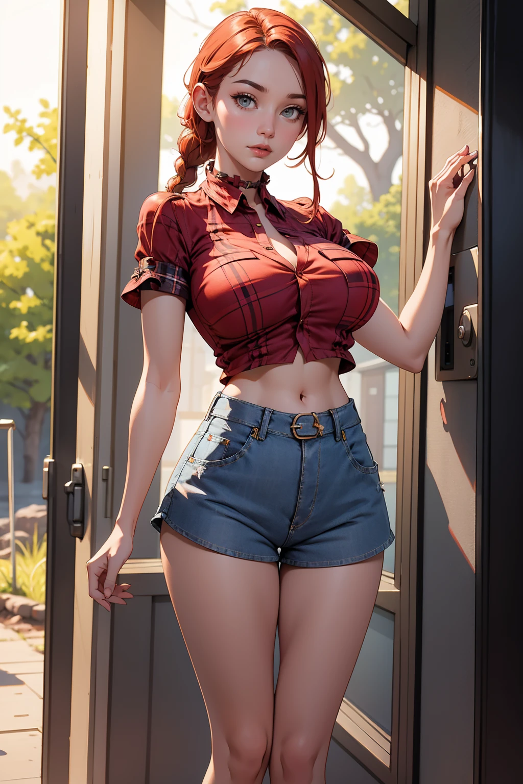 BREAK Perfect Anatomy、Highest quality、(cute:1.1)、(cute)、(High resolution:1.2)、Unbelievably absurd:1.3、Incredible illustrations、(cuteイラスト:1.2)、nsfw,(Beautiful background、Late Night、Bedroom、Red Curtain)、1gial(Red hair、strong wavy hair、ponytail) height 1.6meters, chubby 45kg
,(leather jacket、Short denim、Red Tank Top、Thigh-high stockings)Holding a large knife in his hand、Against the wall、Glaring at me