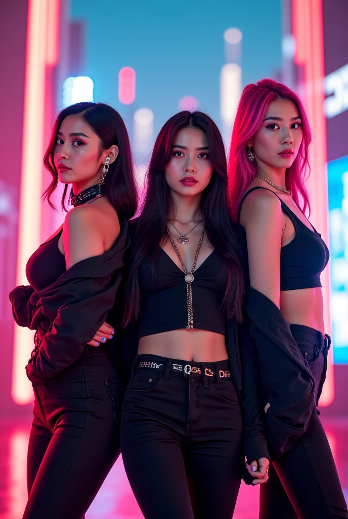 kpop girl group 5 members electronic hip-hop concept two cuties, two dark and one middle ground pose close optical illusion yellow black and wine one with short hair