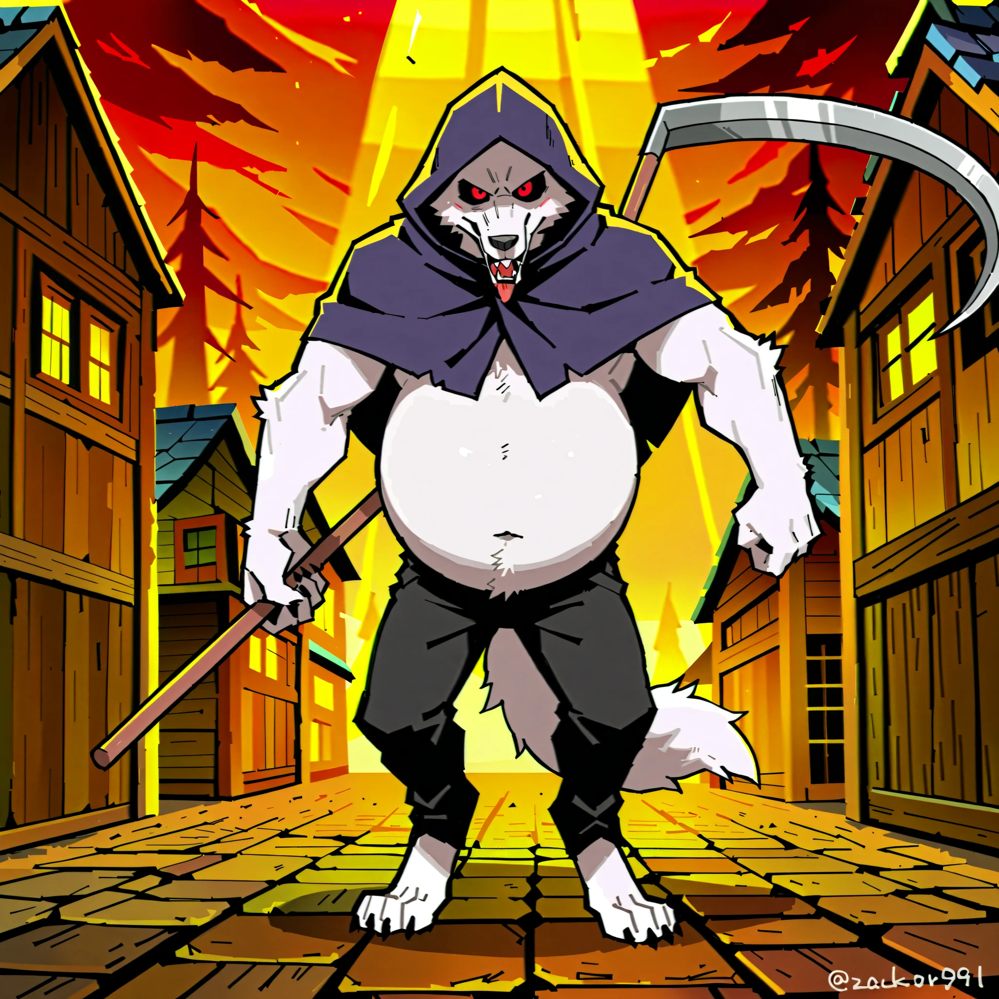 ((best quality, high res, perfect scenario)), Death Wolf, 1male, solo, detailed eyes, white fur, tail, big belly, sadic face, red eyes, black sclera, skinny muscle, black hood, black pants , in the village, holding a two short scythes, biggest, by K0BIT0WANI, by Zackary911, by Bebebebebe