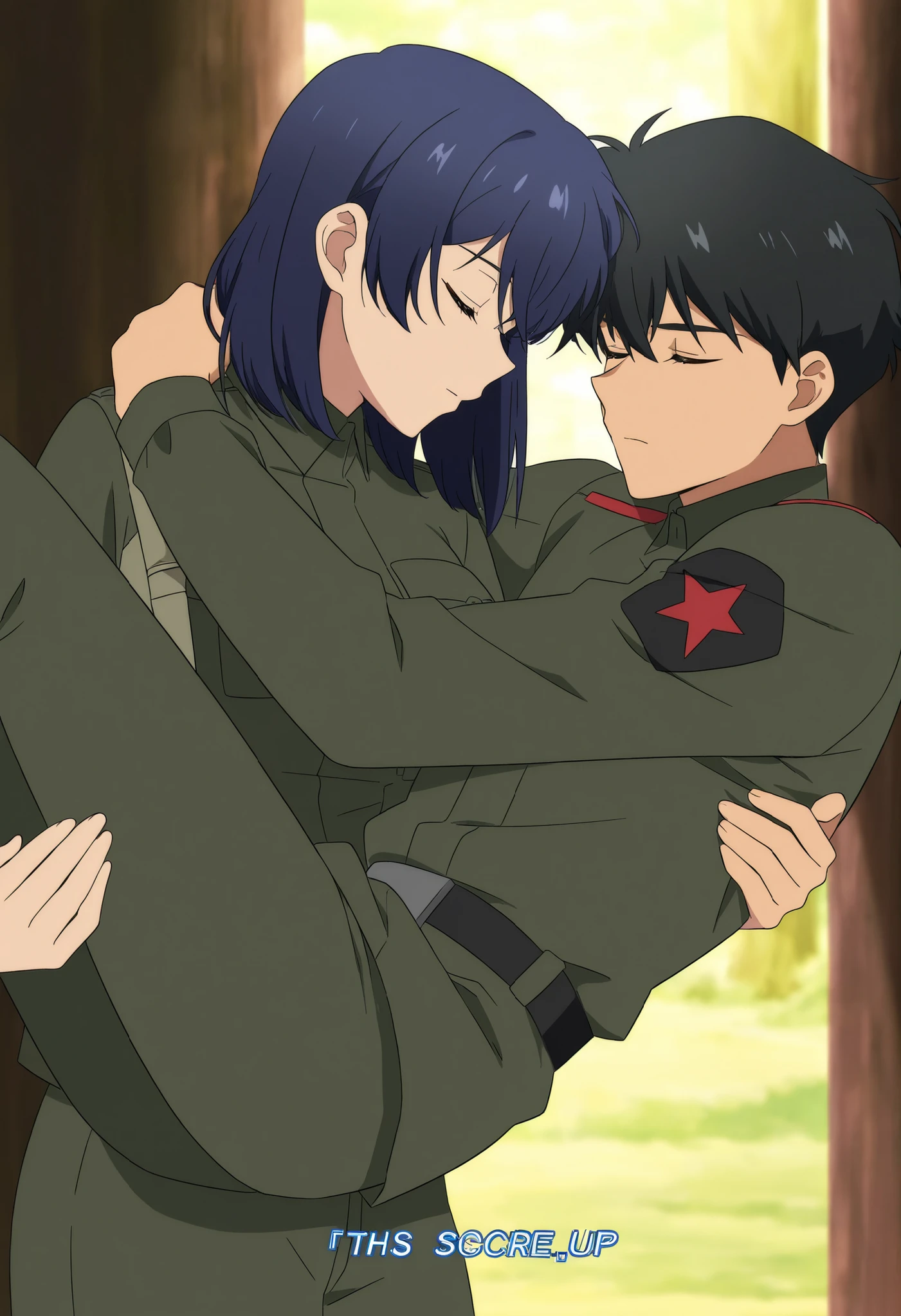 score_9,score_8_up,score_7_up,source anime,anime screencap,anime coloring,masterpiece,best quality,,1girl, open blue hair, black hair,medium hair, medium breasts, soldier outfit,princess carry,1boy, unconscious , ,,boy closed eyes,,,bridal style, female carrying male, role reversal,
