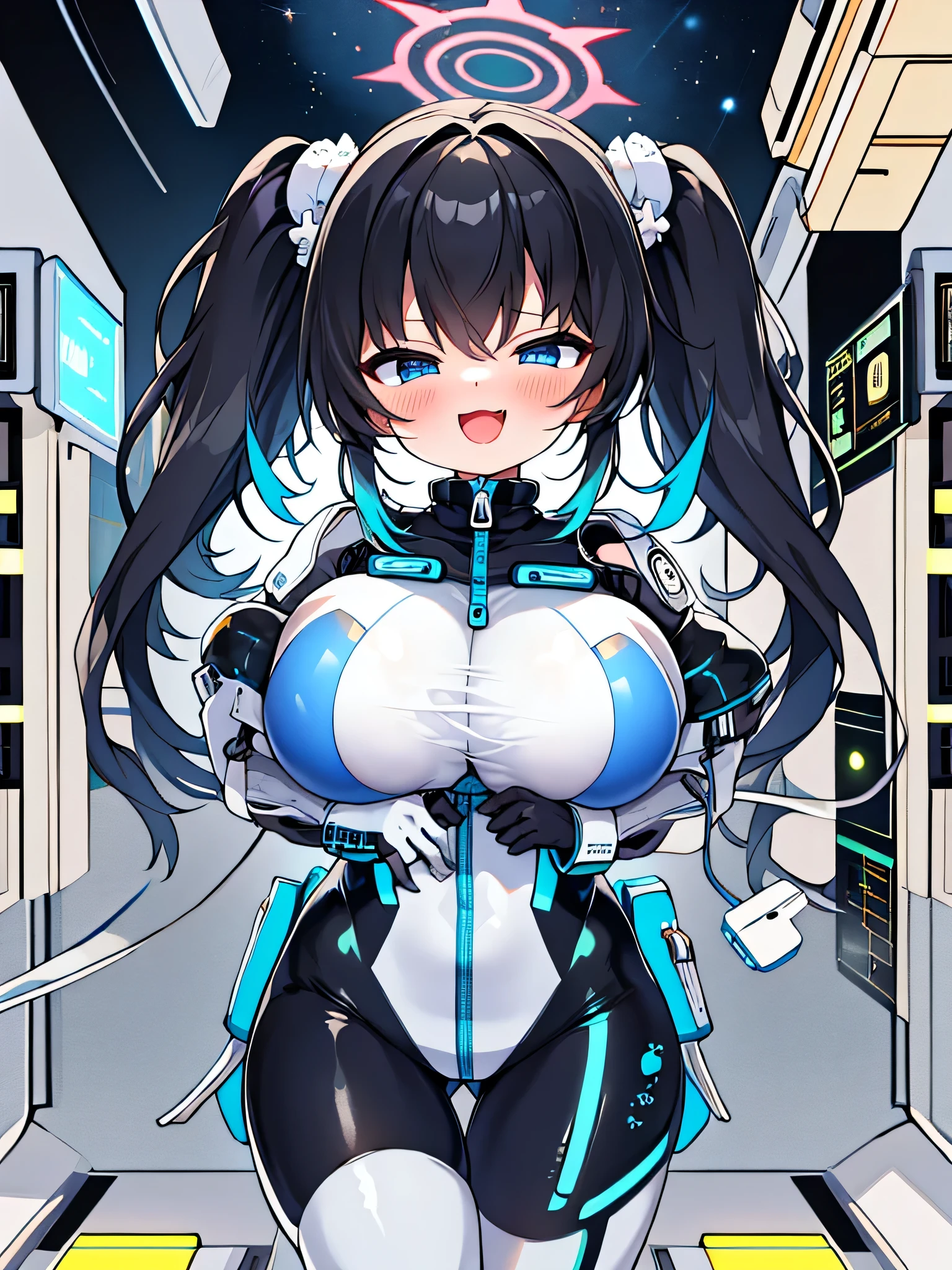 very detailed、masterpiece、high quality、one high school girl、、、(black and white space suit、accent)、front zipper、(Futuristic, Tight Fit Bodysuit)、headphone、Cyberpunk space station interior background、(colorful golden hair),ロングtwin tails, (blue eyes), change,twin tails,sassy change,cheey change,mesugaki,girl,天才girl、(big breast):1.0,(blush):1.1、halo、