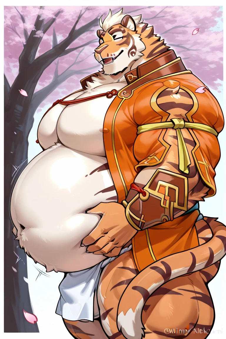 Anthro tiger or wolf or husky, chest hair, large, not muscular, overweight, chubby, fat, big belly, belly, bloated belly, bulging belly, (((vore))), digesting, bara, adult, aroused. Wearing an open green bathrobe, ((hyper big penis)), huge testicles (duo)