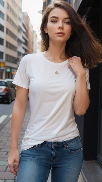 Woman with glasses, camiseta branca sobre jeans, de frente, sorrindo.