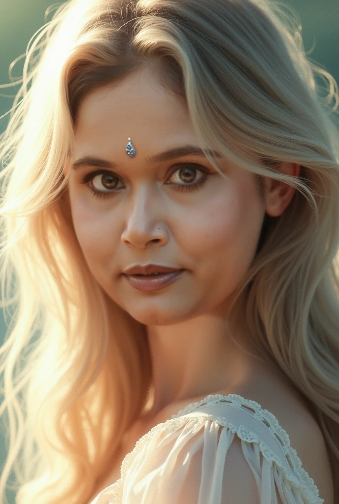 portrait of a beautiful swedish ((platinum hair)) woman, 28 years old. From Golden Skin, (aishwarya rai:1.2), long light platinum hair, wearing bra, large breasts, full curvy body, blue eyes, honey colored, fluffy turned, ((big cheeks)), taking shower, showing its beauties, under waterfall and transparent waters, among reeds, (backlit), realistic, masterpiece, high quality, brightness, shadow, flower, [[chromatic aberration]], by Jeremy Lipking, by Antonio J. Manzanedo, digital painting, 8k uhd,,  forest, stones on the bank, wood, smoke, shadows, contrast, clear sky, style , (warm hue, warm tone)