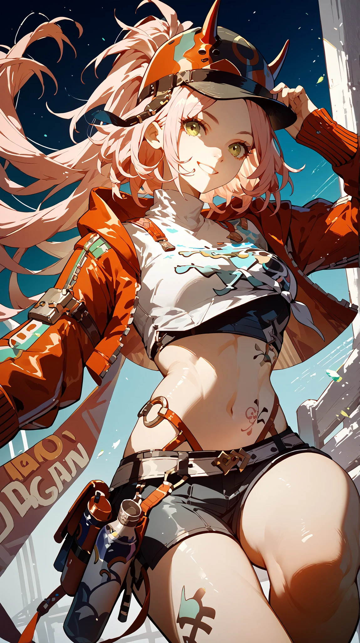 female, strapless bikini, crop top jacket, ten gallon hat, smile, holster, Bull tattoo,