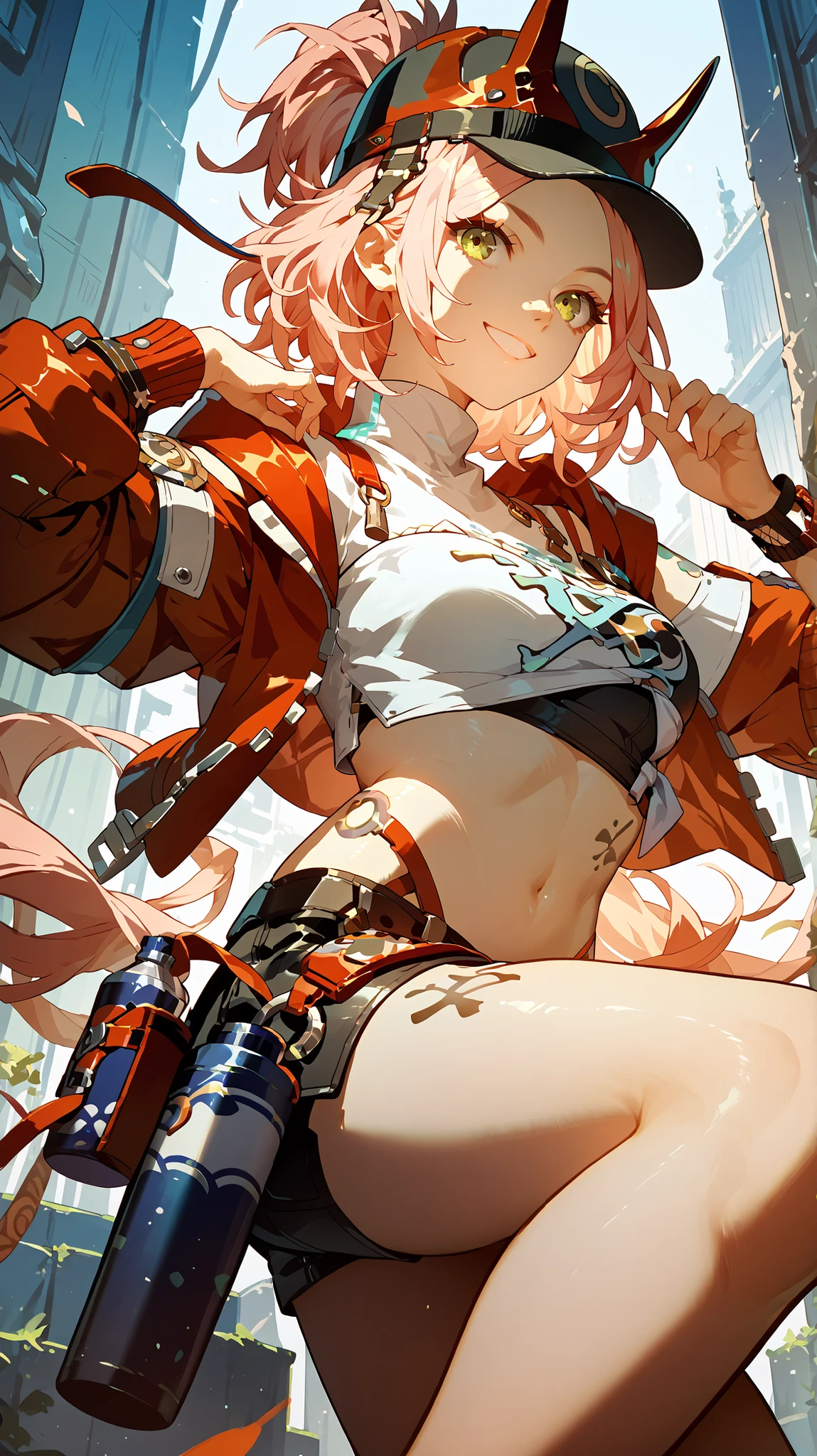 female, strapless bikini, crop top jacket, ten gallon hat, smile, holster, Bull tattoo,