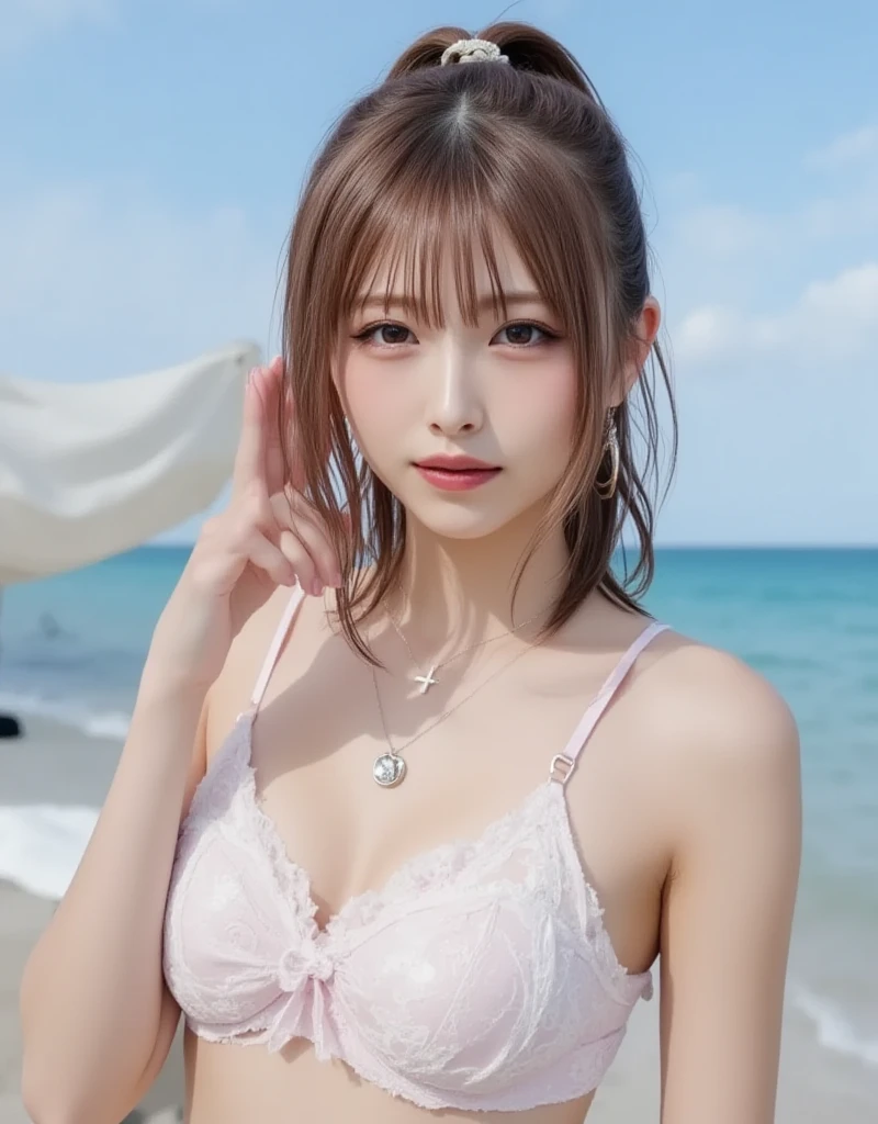 masterpiece, 4K, Bokeh, Realistic, High school girl sitting on the beach, (Japanese Idols:1.6), Light brown long hair, Light brown eyes, Plump breasts, Looking at the audience, Blushed, close, (Silver Metallic Dress), (Jewelry decoration:1.2, Colorful gemstones:1.2), (The dress is decorated, Sequins), Sunset Coast, Beautiful sky and clouds,