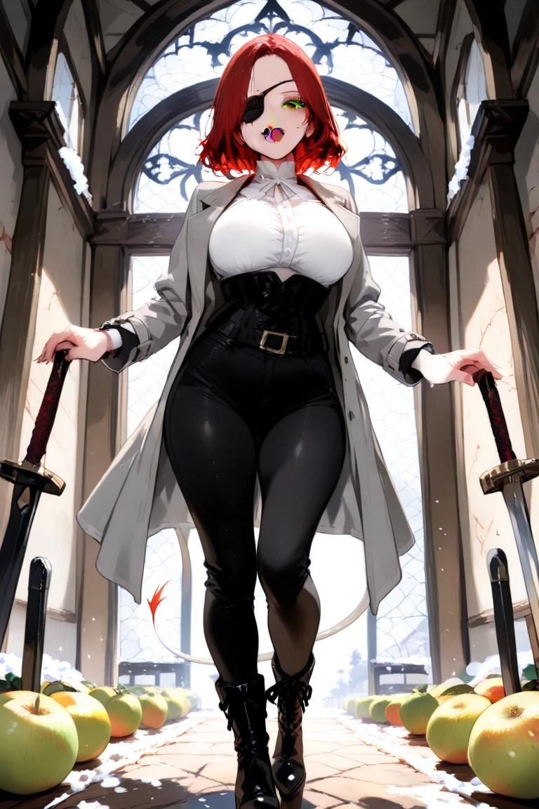 masterpiece, Superior image quality, High resolution, 4k image,Photo and gross, photorealistic, 1 young redhead girl of 20 years old, standing, {Alone},{{{??????}}}, huge breasts, beautiful face, crimson red hair short ponytail, green eyes, very detailed eyes, expression of pride, draw smile showing superiority, choker:1.6, (white collar button down shirt white long sleeve), black gloves, gloves covering the hands, (wielding a halberd in his right hand), (black leather corset), (shiny black leggings), (black leather boots), sensual lips , show details in the eyes, view from front, Dark forest, at night, atmosphere, fog
