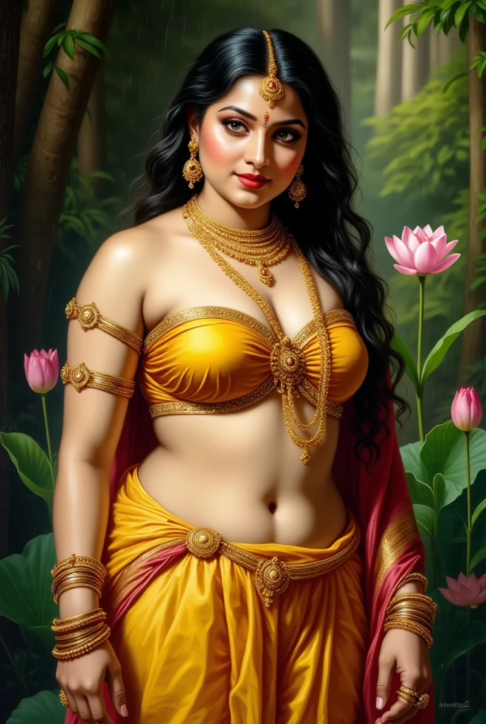 Nair Lady, Sundari, paramasundari, Apsara, goddes, exotic Indian art, (solo), by artist Raja Ravi Varma, Realistic, 8K, ultra-detailed, Unreal Engine, midjourney art style impressionism, abstract, (oil painting , dry brushstrokes), negative space, beautiful magical forest with blooming flower in background,