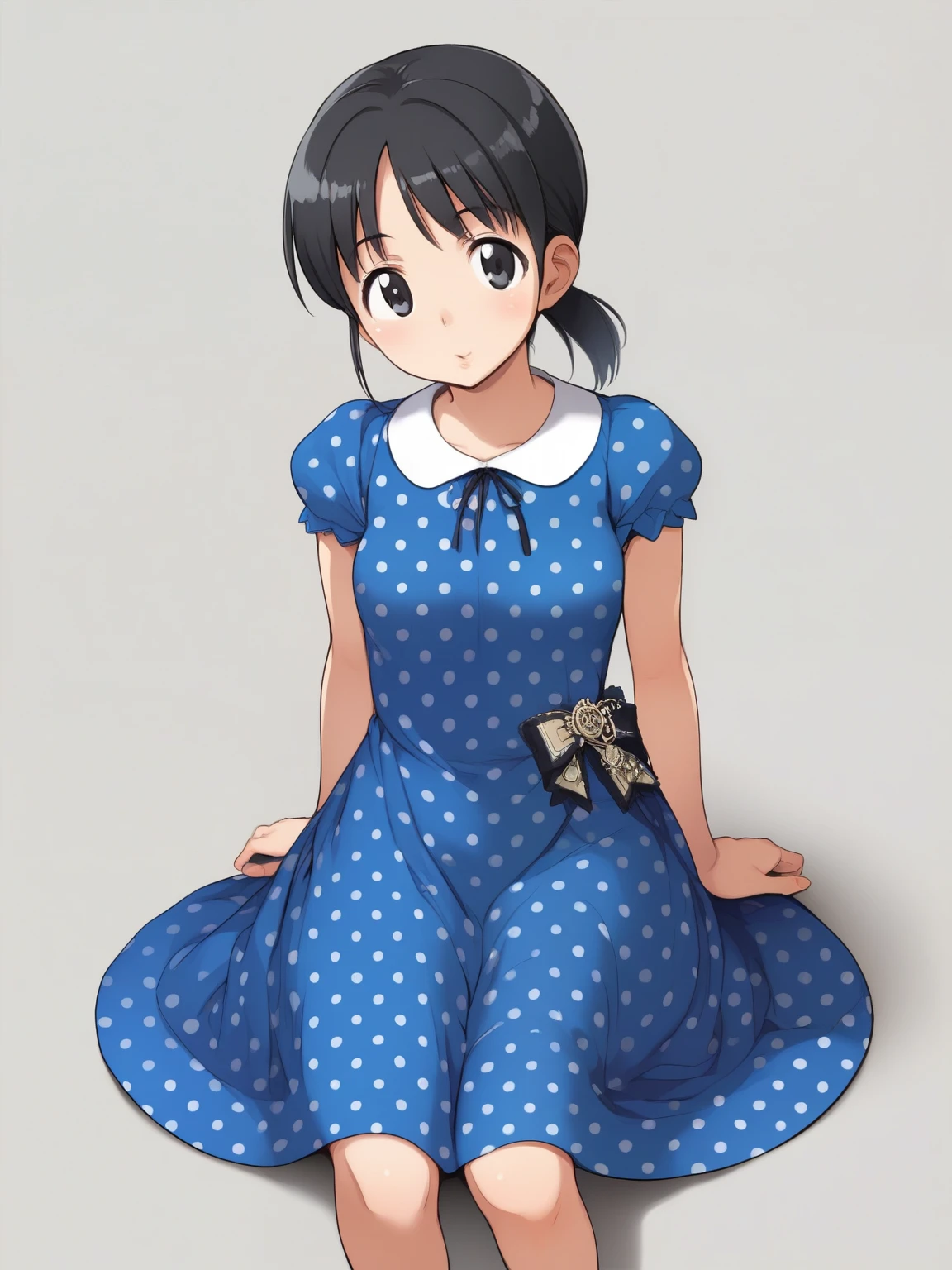 score_9, source_cartoon,masterpiece, best quality, great quality,
Momotai, 1 girl, solo, polka dot dress, dress, blue dress, Low Ponytail, black hair, Short cauda equina, side lock, simple background, polka dot , is sitting, viewers,