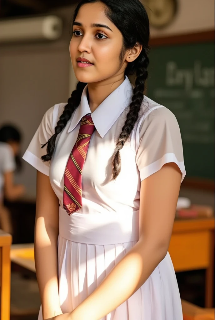 Kerala school girl, , school white frock, in the classroom, frock with pockets, wearing white vest camisole as a undergarment, see through, high resolution, 4K, ultra-detailed, realistic, photorealistic, physically-based rendering, extreme detail description, professional, vivid colors, bokeh, portrait, school, female student, realistic facial features, standing pose, curious expression, classroom interior, wooden desks, chalkboard, sunlight, warm color tones
