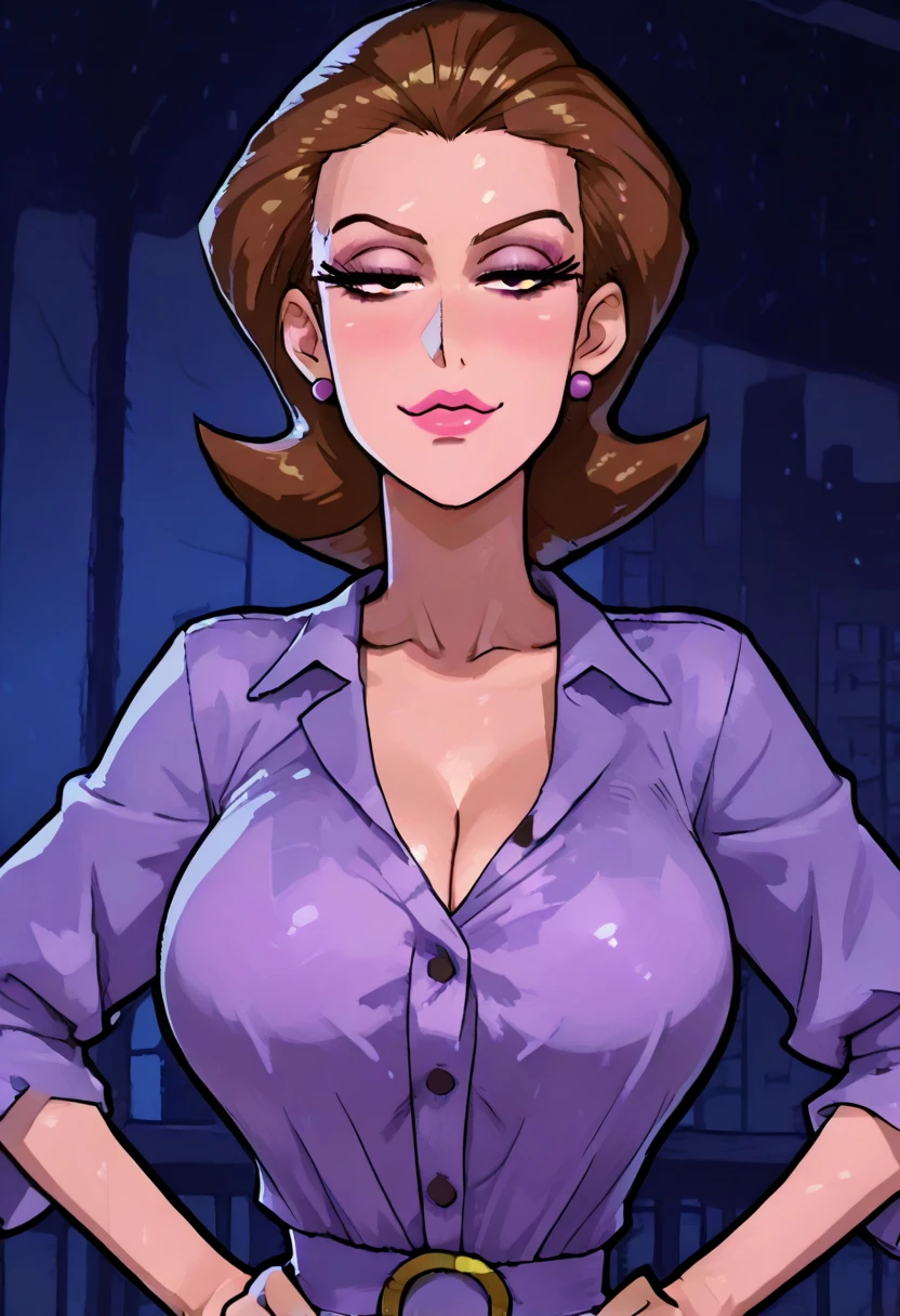 detailed illustration (side view),dynamic angle,ultra-detailed, detailed eyes, detailed face, 1girl, night , nightime, stars, 1940’s wife, tight and strained button up blouse and long skirt, anime eyes, lidded eyes, angry, standing in a nice house, domestic goddess, black hair, huge breasts, wholesome yet sexy, motherly, nurturing, MILF, glass sliding door, moonscape outside, dark blue eyes, highly detailed eyes, detailed eyes, bright eyes, long hair, wavy hair, red lips, buttons straining, cleavage too big, gaps between buttons, chest busting out, mad, yelling at camera, pointing at camera, beautiful face, attractive face, tits spilling out,