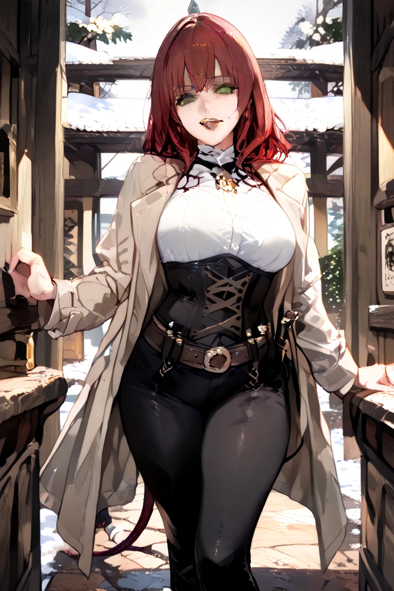HDR, very detailed, Extra resolution, Masterpiece. 8k hd, a woman wearing a black gothic style military uniform, black military hat with gold details, iron cross symbol on the military hat, hips up, big breasts, 18 year old woman, beautiful face, Special face details, realistic, Red lips, black outfit, white coat, red hair, high ponytail, Bunker, intense stare, strong emotions, elegant gesture, flowing dress, Detailed facial features, Long eyelashes, contrast, great details, Incredible atmosphere, Gothic style, black and white plate, Fascinating setting, Haunting beauty,
