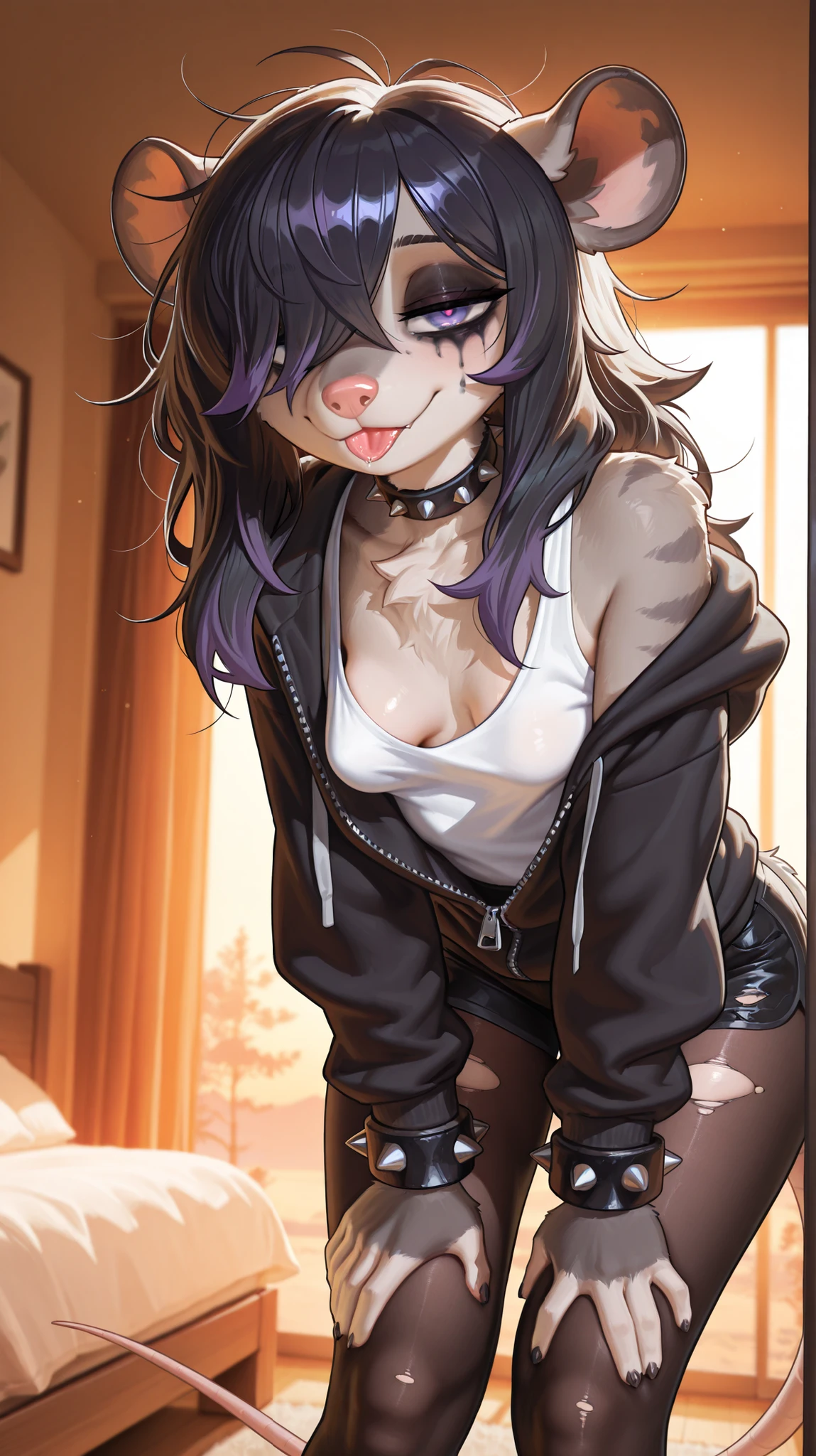 masterpiece, best quality, amazing quality, very aesthetic, high resolution, ultra-detailed, absurdres, newest, scenery, 1girl, possum, furry female, purple eyes, black hair (purple highlights), messy hair, long hair, (19-year-old girl), closed mouth, looking at the viewer, cocky smile, tail, perky breast, small breasts, thighs, hips, black pantyhose, torn pantyhose, black shorts, black hoodie, (unzipped hoodie), baggy hoodie, single off shoulder, emo, ghotic, female focus, contrast lighting, side lighting, masterpiece, best quality, newest, absurdres, highres, amazing quality, very aesthetic, bedroom setting, cute eyes, no lineart, cinematic, dynamic angle, solo, sunset, ambient lighting, bedroom, spiked choker, spiked wristband, black eye shadow, half-closed eyes, bored expression, tounge out, hair over eye, baggy eyes, tired eyes, depressed, white tank top, gray fur (black highlights), messy fur, bent over, hands on knees, ruined makeup
