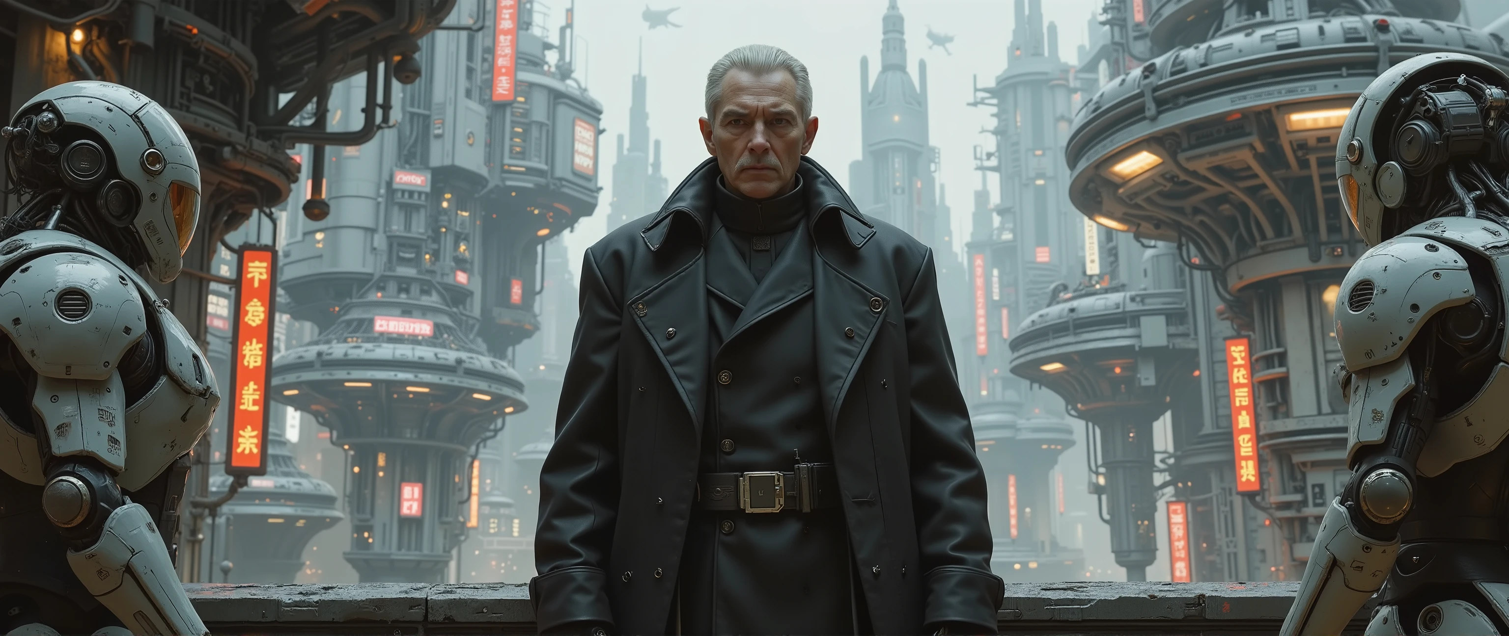 epic mass oil painting , quality 16K, artistic masterpiece, correct gravity , science fiction, is a very futuristic landscape with fantastic buildings and machinery, The formidable leader of a secret terror organization is standing on the balcony, accompanied by cyborg guards of a very technological kind, the leader is wearing a long black coat with a raised collar, very menacing wrinkled face, an incredibly detailed futuristic city in the background