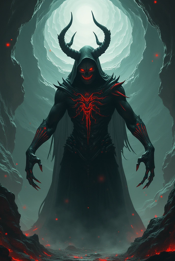 A dark, mystic depiction of a demon with features of a fearsome animal. This entity has a nightmarish, twisted form, with elongated limbs, clawed hands, and a face that combines demonic and bestial elements. The background is a cursed forest, shrouded in thick fog and illuminated by dim, flickering lights. The atmosphere is filled with a sense of cosmic horror and apocalyptic dread, amplifying the creature's terrifying presence.