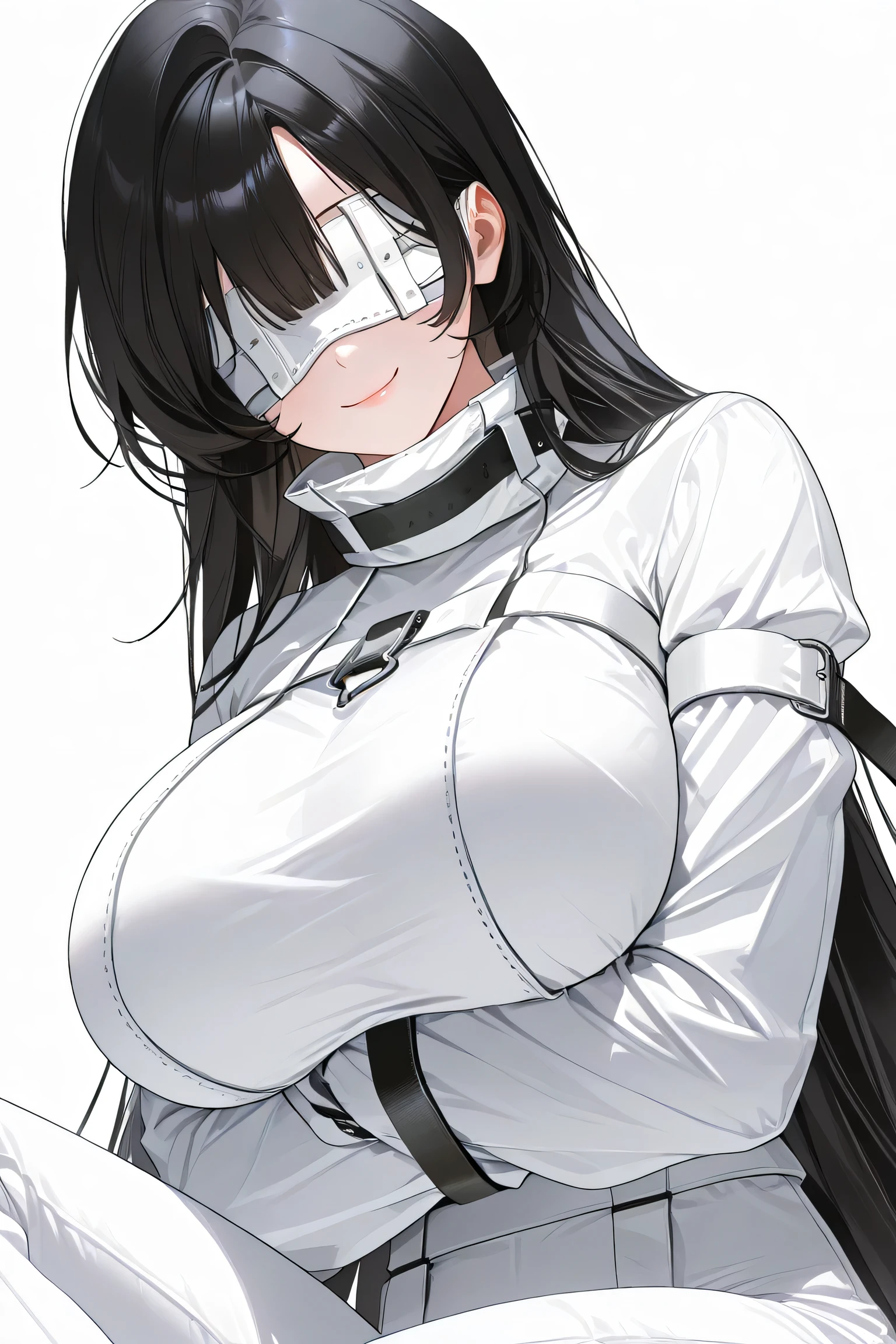 solo, 1girl, straitjacket , white long pants , 1girl , long hair, Put on simple white mask , covered eyes and with mask, smile , large breasts, black hair, looking at viewer, long sleeves ,white background , 748cmstyle , Close up Face to thigh