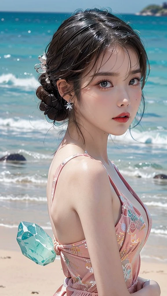 "(((best quality))), (((ultra detailed))), (((masterpiece))), illustration,((1 beautiful young girl,solo)),((slim,thin)),(strapless vibrant floral bra:1.3),((small breasts,flat chest)),(short ponytail:1.2),((shiny skin,sweat,wet)),seaside, summer, joyful, playful, physical features, smooth fair skin, gentle sea breeze, endless azure sky, picturesque backdrop, whiteness of sand, deep blues of the sea, waves crashing, internal turmoil, transformation, standing on the cusp of womanhood, confidence, sexuality, metaphorical plunge, next chapter of life,significance of the moment, beauty of the seaside, celebration of youth, excitement of summer ahead,((from front,close-up of face))