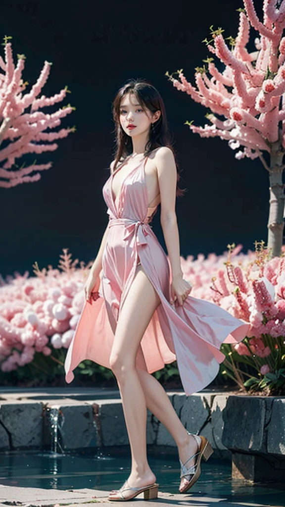 Masterpiece, charming asian aged 20 years old, super detailed, high quality, sharp focus, cinematic lighting, beauty, bob hair, necklace, (slim legs), (slender body), (medium breasts), small tattoo, (slip breasts), (sexy embellished dress), (one leg up), (no bra), (no panty), (Outdoor full-bloom Sakura blossom trees background), (nsfw), photorealistic
