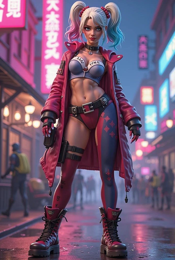 (best quality, highres:1.2), 1character, hot and curvaceous, detailed revealing outfit, white midriff tanktop, sexy shorts exposing panties up to hips, leather knee-high boots, Harley Quinn style, red and blue pigtails, baseball bat prop, HDR lighting, vivid colors, studio environment, extreme detail description, physical-based rendering, sharp focus, extreme curvature, revealing description, leather textures, confident pose, mid-shot, half body picture, full-frame appearance, provocative smirk, seductive eyes, bandana, belt with bat symbol, exposed shoulder, tattoos on arms, thigh-high socks, sexy and confident.

