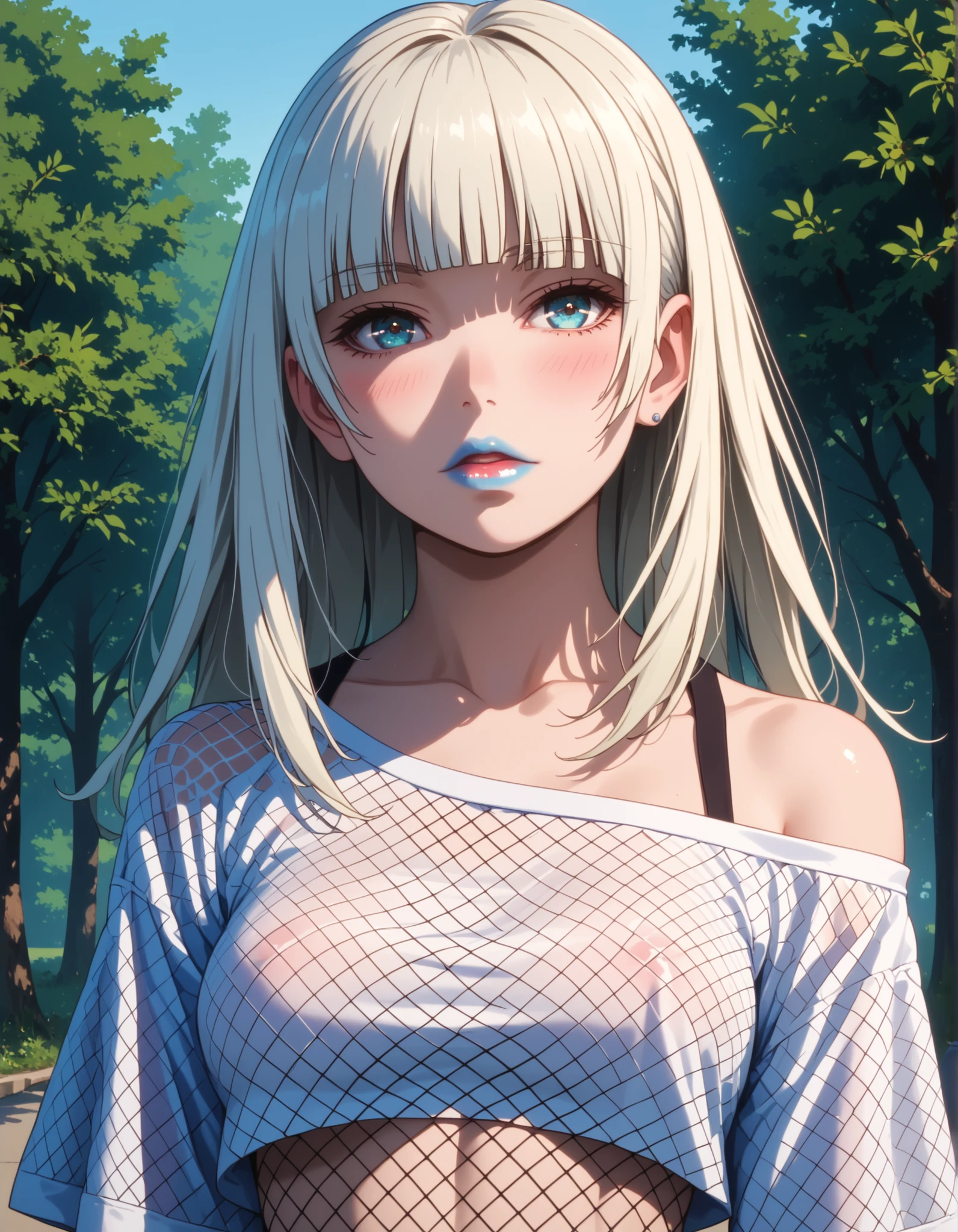 score_9, score_8_up, score_7_up, vivid colors, (1girl, solo), upper body, (long hair, white hair, hime cut), stunning blue eyes, sexy lips, blue lipstick, pale skin, (off shoulder crop top, punk clothing, fishnets, medium breasts), oversized t-shirt (sultry look, blush), looking at viewer, (standing outside, sunny park, trees), Dreamy atmosphere, soft natural lighting, vivid colors, high contrast, sharp focus. 8K resolution, ultra-detailed, masterpiece quality. clear quality, 