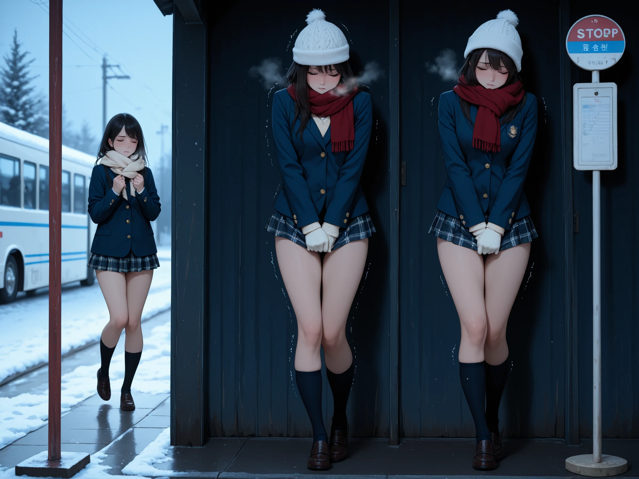 (masterpiece), best quality, winter evening, dark, cool lighting, bus stop, ((multiple girls)), closed eyes, perfect face, miserable, breath, ((shivering, trembling)), steamy breath, winter hat, scarf, peacoat, long sleeves, gloves, school uniform, peacoat, blazer, plaid microskirt, ((bare thighs)), trembling legs, socks, kneehighs, loafers, skirt tug, standing, knees together feet apart, legs together, legs crossed, walking