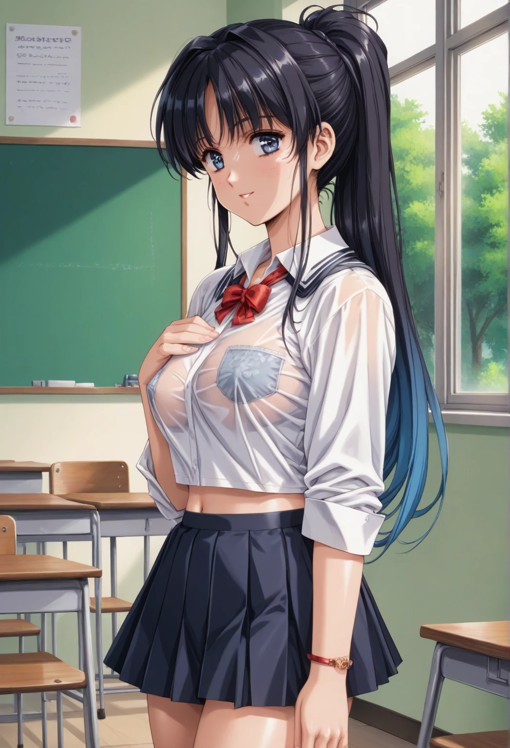 (8k、RAW Photos、highest quality、masterpiece:1.2)、(Realistic、Realistic:1.37)、Super detailed、超A high resolution、animation、1 girl、Pink nipples、Pussy、Beautifully detailed face、、beautifulディテールの肌、whole body、Professional Lighting、Upper body naked、Navy blue mini skirt uniform、Navy blue socks、Smiling eyes、((ayukawa madoka)), (beautiful, fine grain)、Green Eyes、(Blue Hair、semi-long、Parted bangs)、Delighted、Big eyes、Spread your legs、On all fours、classroom、Penis insertion、virgin、Back angle view