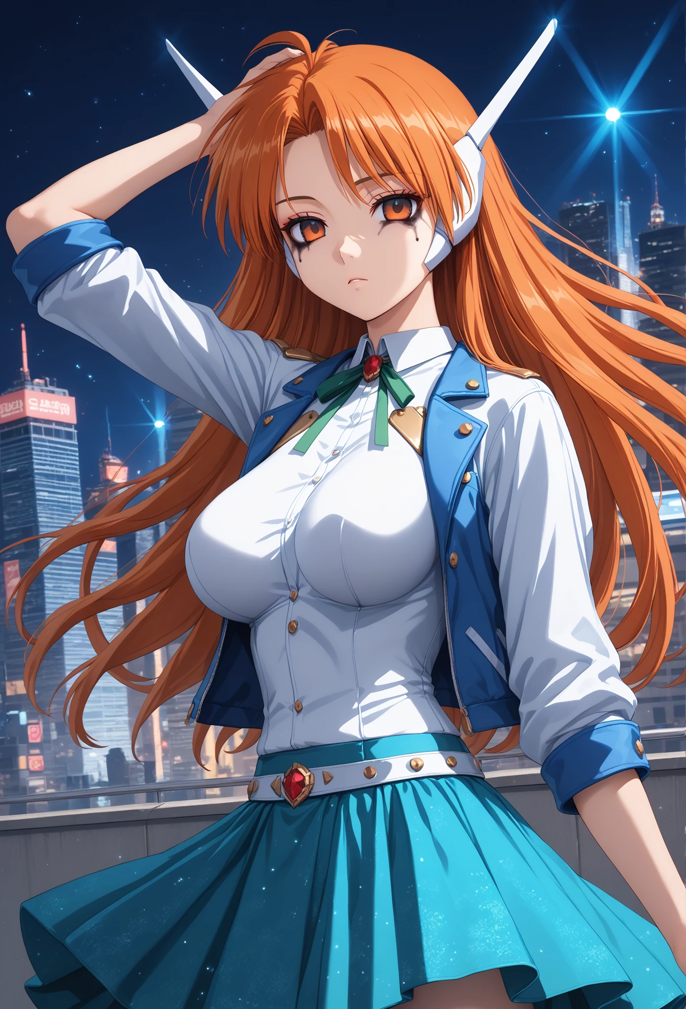 aika,bangs,(light green eyes),frown,sleeveless clothes,skirt,indoor room,orange hair,blush,(large breasts:1.55),(shiny,hair),((solo)),((masterpiece)),((best quality)),perfect anatomy,slim waist,perfect image,8k UHD,(beautiful detailed eyes:1.5),extremely detailed face,standing,(upper body:1.25),(look at the front:1.5),arms behindback,ultra-detailed,absurdres,highres,