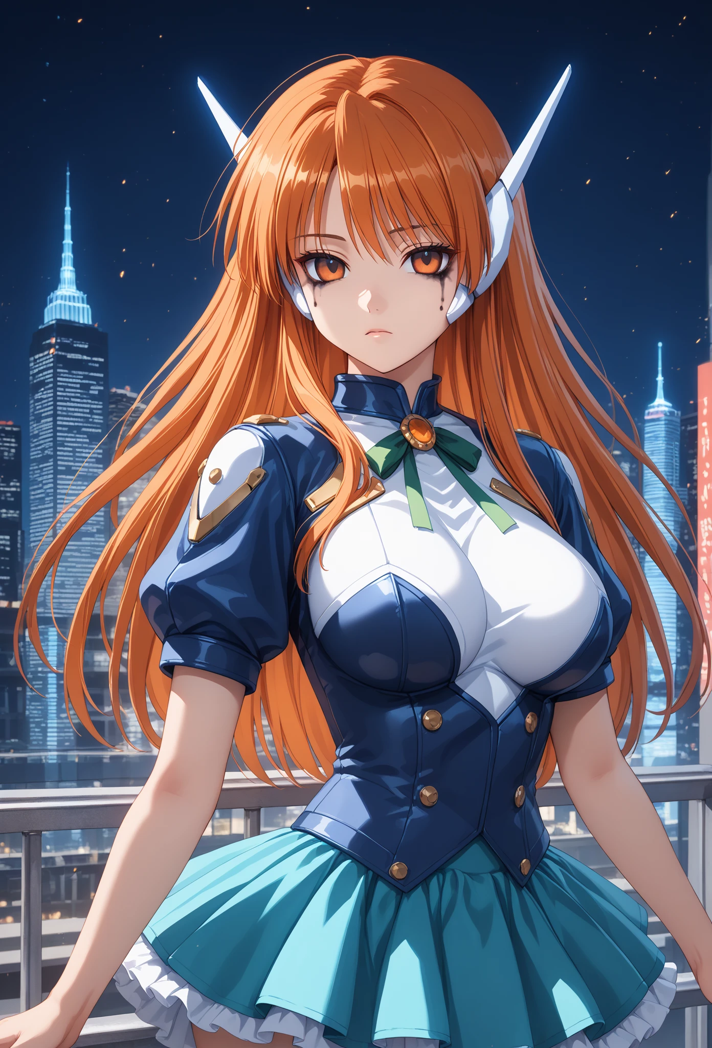 (Perfect body),best quality,16K、(White shirt)、(Green tie)、(sleeveless tops)、((Blue Mini Skirt))、White knee socks、Brown Belt、blue stripes、Panchira、:morality、I opened my mouth wide、(((Asymmetrical bangs)))、#5: Parted Bangs、(((Long and straight hair)))、(blue eyes),((Orange Hair)),(Sweat)、(Big Ass)、Large chest、(((Thick thighs)))、armpit、(Inside the spaceship)