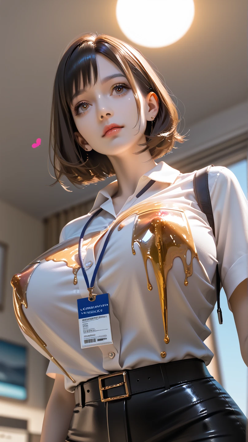 (1milf solo), sitting, (looking at viewers), (sleeveless white lab coat) stylish outfit, mature female, /(dark brown hair/) bangs, smiling, (masterpiece best quality:1.2) delicate illustration ultra-detailed, sagging gigantic huge breasts BREAK (hospital examination room) indoors, work desk, (x-ray photo), detailed background, ((showing hairy armpit hair)), zoom upper body, thick makeup 