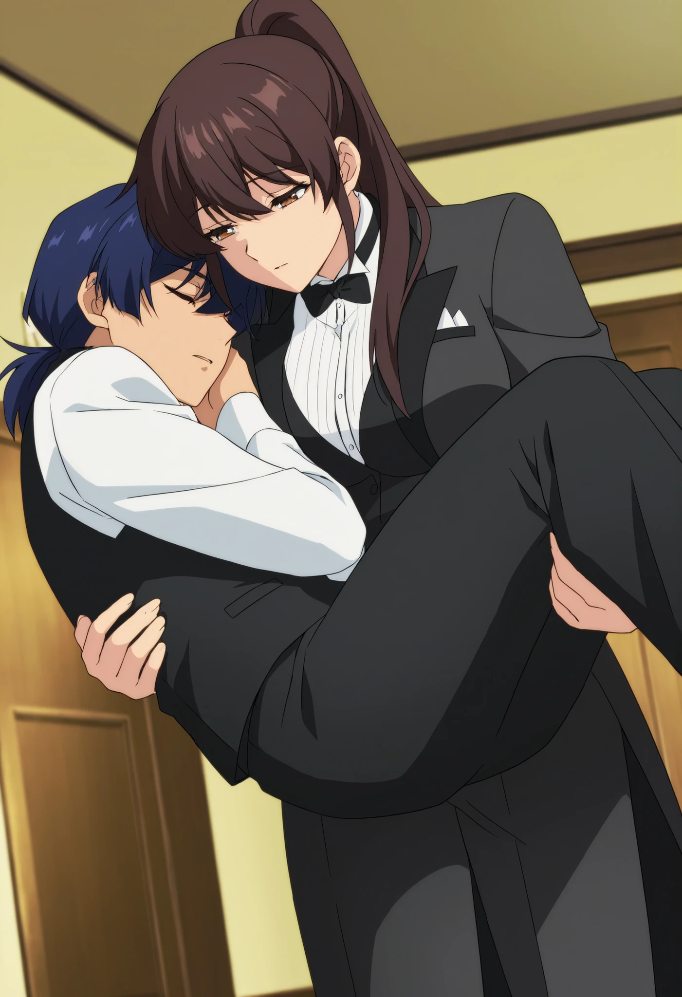 score_9,score_8_up,score_7_up,source anime,anime screencap,anime coloring,masterpiece,best quality,,1girl, blue hair, ponytail brown hair,medium hair, medium breasts, butler outfit,princess carry,1boy, unconscious , ,, ,,,bridal style, female carrying male, role reversal,