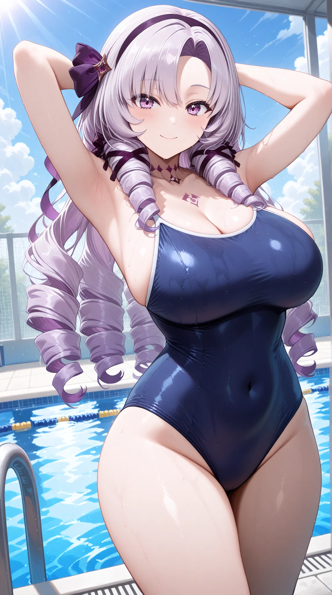 mastute piece,Best Quality,insanely detailed,8k cg,nsfw,
(shoot upper body:1.3),
(1girls:1.3),standing,looking at viewr,body in front,both arms behind back,(school swimsuit:1.3),(bare breasts:1.1),(bare nipples:1.1),
break,
blush,shy,(ecstasy face),(trembling:1.2),break,(light purple hair:1.2),long hair,
break,
perfect breasts,perfect teats,(open mouth:0.9),(large breasts:1.3),
(poolsaid)、