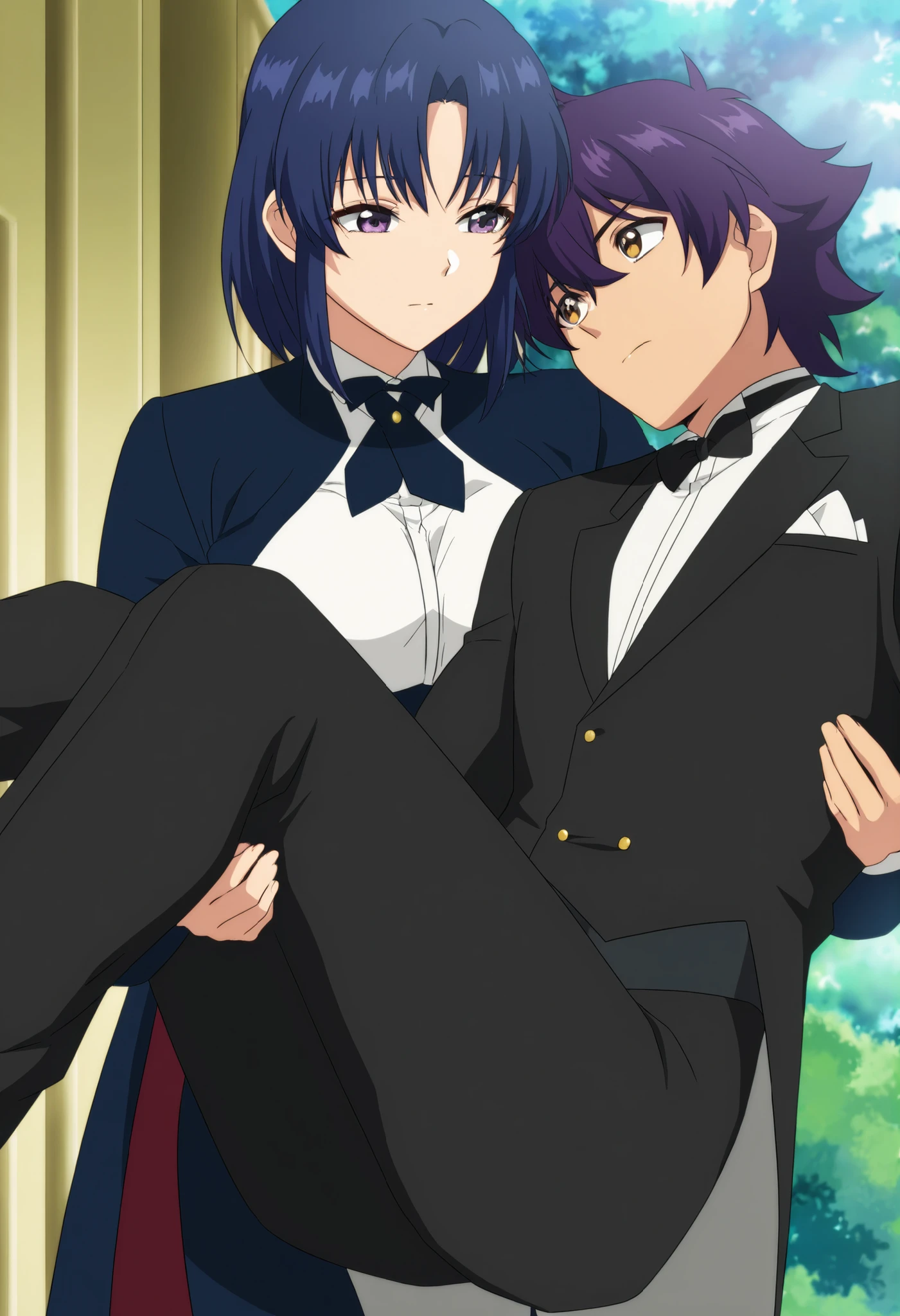 score_9,score_8_up,score_7_up,source anime,anime screencap,anime coloring,masterpiece,best quality,,1girl,  blue hair, short purple hair,medium hair, medium breasts, butler outfit,princess carry,1boyunconscious , ,, ,,,bridal style, female carrying male, role reversal,