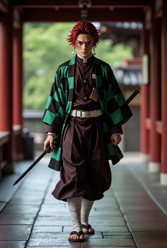 realistic cinematic close-up portrait of Tanjiro Kamado from *Demon Slayer* walking through a temple with one hand on their hip and the other holding a sword. They have red hair, adding to their distinctive appearance. Wearing a traditional outfit, the ensemble includes a dark brown robe complemented by a green and black checkered haori. The attire is accessorized with a white belt and bandages wrapped around the legs, and the character's stance suggests readiness and determination.. best quality, 4K, high resolution, masterpiece, ultra-detailed, realistic, photorealistic, photo-realistic, HDR, UHD, studio lighting, ultra-fine
