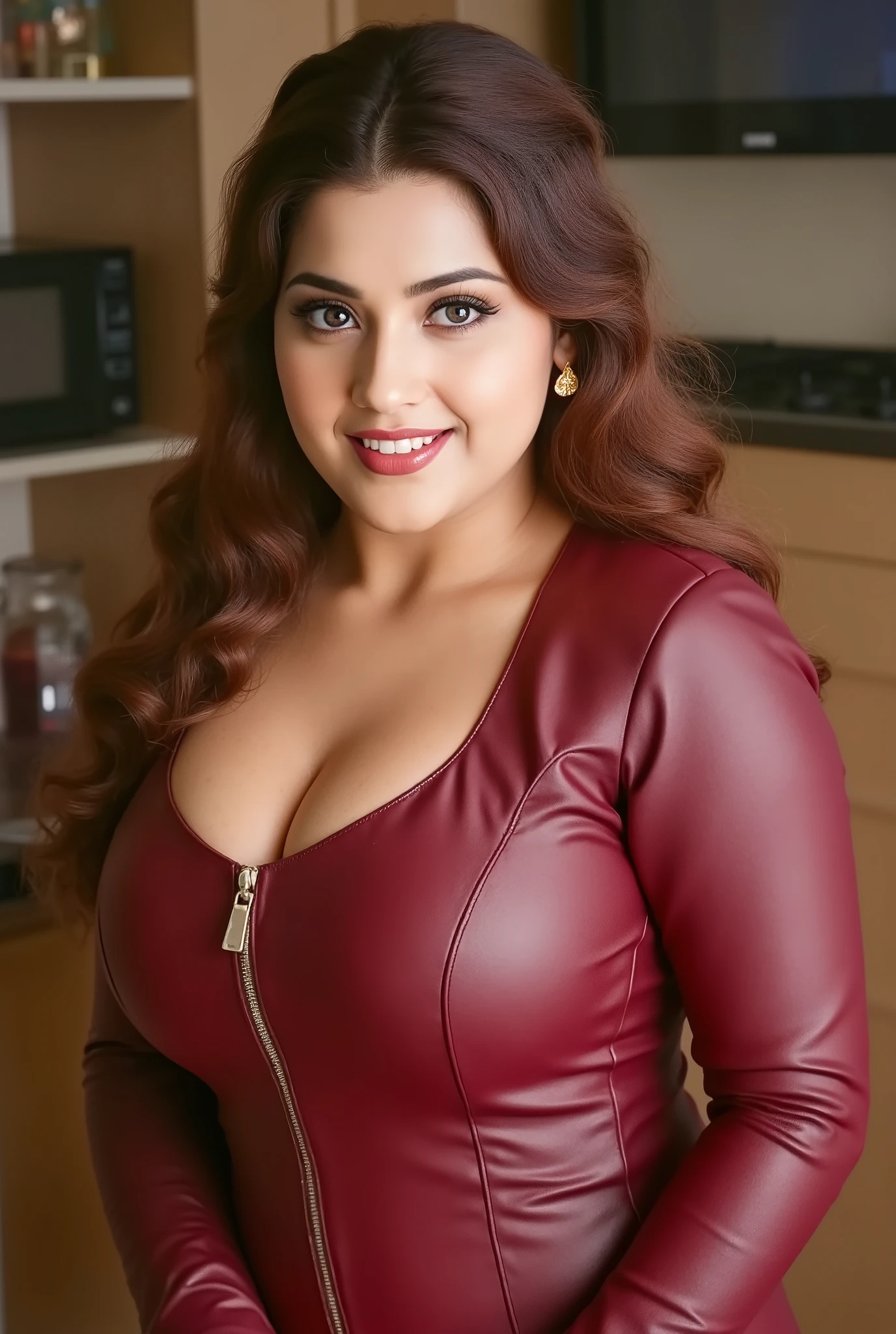 Meena beautiful 35 years old actress sexy curvy size model woman  , looking at viwer standing front of viwer, seduced , horny looking face curvy, (Wearing: Matte PU Leather Mini Dress Sexy Long Sleeve Square Neck Bodycon Slim Dress) in kitchen, Long wavy hair, smile, cleavage ,half opened zipper , thicc red lips  , curvy body shot, looking at the camera, cute sensuality, shallow depth of field