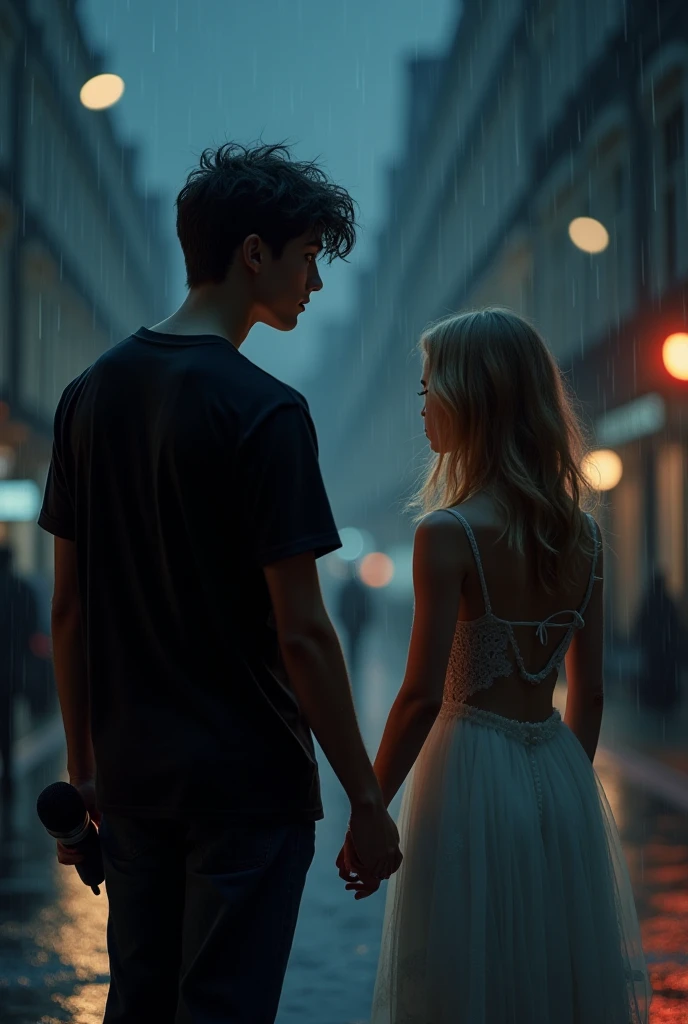 A teen age couple hug each other, rain, drops, roads, street lights, grass on road, light water on road, drops of rain. High Resolution, Masterpiece, Accurate, Detail, Textured Skin, UHD, Breasts, Long Hair, Short Hair, Blonde Hair, Black Hair, Wide Shot, Feet Out Of Frame,