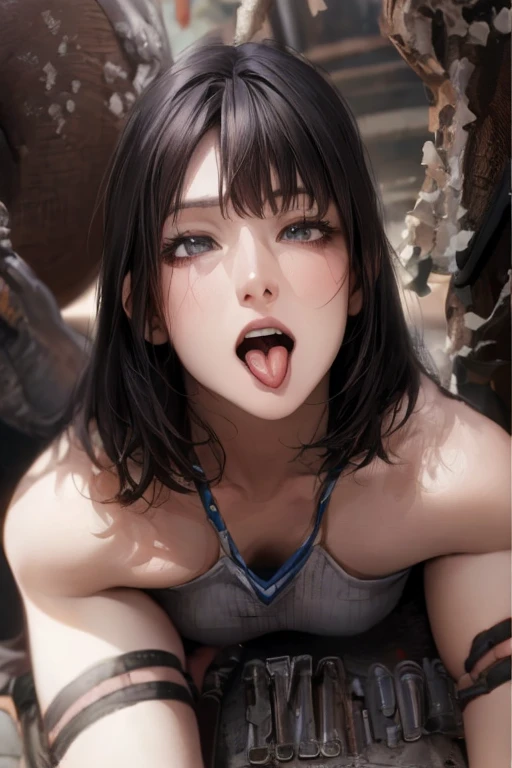 score_9、score_8_up、score_7_up,One girl、Hyperrealism style、Photorealism style,Real、Kneel、Big Breasts:1.1、lips、Upper Body、Long Hair、Narrow eyes、Cool face、Mature Woman、Staring at the audience、(Painful expression、tears、Cum in mouth 1.1、steam:1.1)、blush、bangs、Brown Hair、Stone Wall、Dark dungeon background、Brown eyes、FF7、Silver Earrings、(black collar for slaves、Leather Harness Bondage Restraints、suspenders、Put your arms behind your back)、No correction、((Tifa Lockhart))、Sweaty、lips、Wet、開いたlips、Upper Body、naked、Detailed nipples、Well defined nipples、Detailed eyes、Narrow eyeature Woman、High resolution、high quality、最high quality、masterpiece、HDR、Highest production valueasterpiece、((deep throat、Huge penis in mouth、Woman swallows man's penis、Penis in her mouth、A man's hand is holding her head、One man、A thick but not long penis、Vein Penis:1.1))
