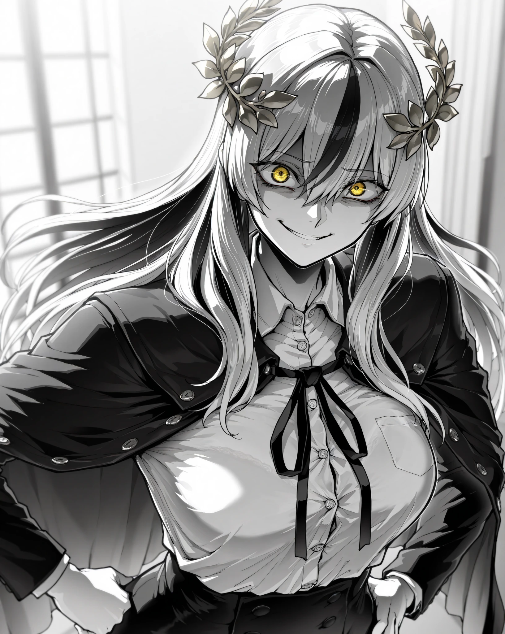 masterpiece, best quality, amazing quality, very aesthetic, high resolution, ultra-detailed, absurdres, (hands:-0.22),
1girl, woman, solo, mature woman, (looking at viewer, portrait, medium shot:1.19), LineAniAF, monochrome, greyscale, ebiblue, (coloured eyes, wide eyes, crazy eyes, smirk:1.01), black and white hair, hair between eyes, golden eyes, very long hair ,(two tone hair, multicolored hair:1.13),laurel crown, dress shirt, buttoned up t-shirt, black overcoat, jacket cape, formalwear, suit and tie, medium breasts, capelet, hand on hip,
BREAK, depth of field, volumetric lighting