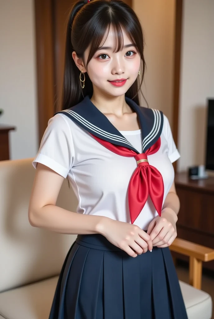 ulzzang-6500-v1.1, (Raw photo:1.2), (Photorealistic:1.4), Beautiful detailed girl, Very detailed eyes and face, Beautiful detailed eyes, Huge file size, (Big), High Resolution, Very detailed, Best quality, [Masterpiece:1.6], [JK Uniform], Illustration, Very detailed, CG, Fine detail, Best quality, Highly detailed CG uniform 8k wallpaper, movie lighting, 1 girl, 17 years old, cute Japan high school girl, perfect figure, [unbuttoned white school blouse], large taut breasts, [huge breasts, heavy breasts: 1.6], cute droopy eyes, beautiful big eyes, white school blouse, see-through bra, sweaty and wet, [sexual arousal: 1.1], [Sexual arousal: 1.1] Lying in bed: 1.5], hands raised, school uniform ribbon around the neck, smile, (the whole body is wet), shining eyes
