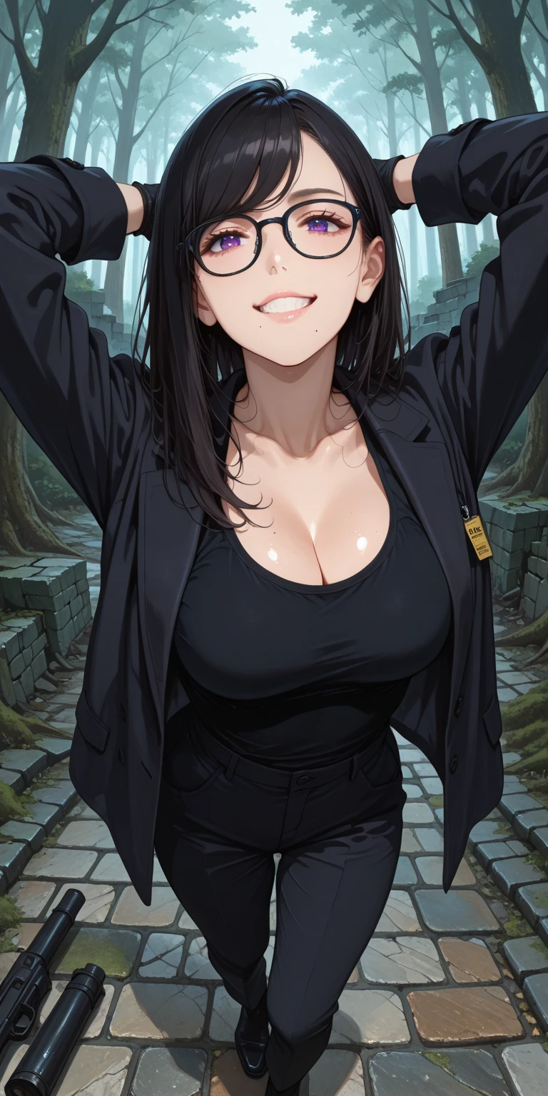 ((best quality)), ((masterpiece)), ((detailed)), (((perfect faces))), (((30yo beautiful woman in black suit, tight skirt, leggings))), (((cleavage))), (((glasses))), (((black hair))), (((standing))), (((arms crossed))), (((smirking))), (((grass field)))