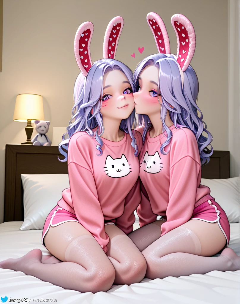 2girls, masterpiece, anime ladies, nude, medium breasts, purple and pink flowing hair, on bed, babes