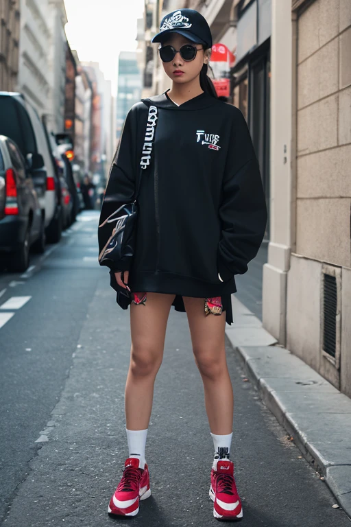 26 year old white woman、Hair color is reddish、Hair is wavy、Eye color is blue、Longhaire、A slender、a smile、Wearing a stadium jumper、I'm wearing pin heels、standing in front of a boutique show window、a smile、Head-on perspective、accessories on the wrist
