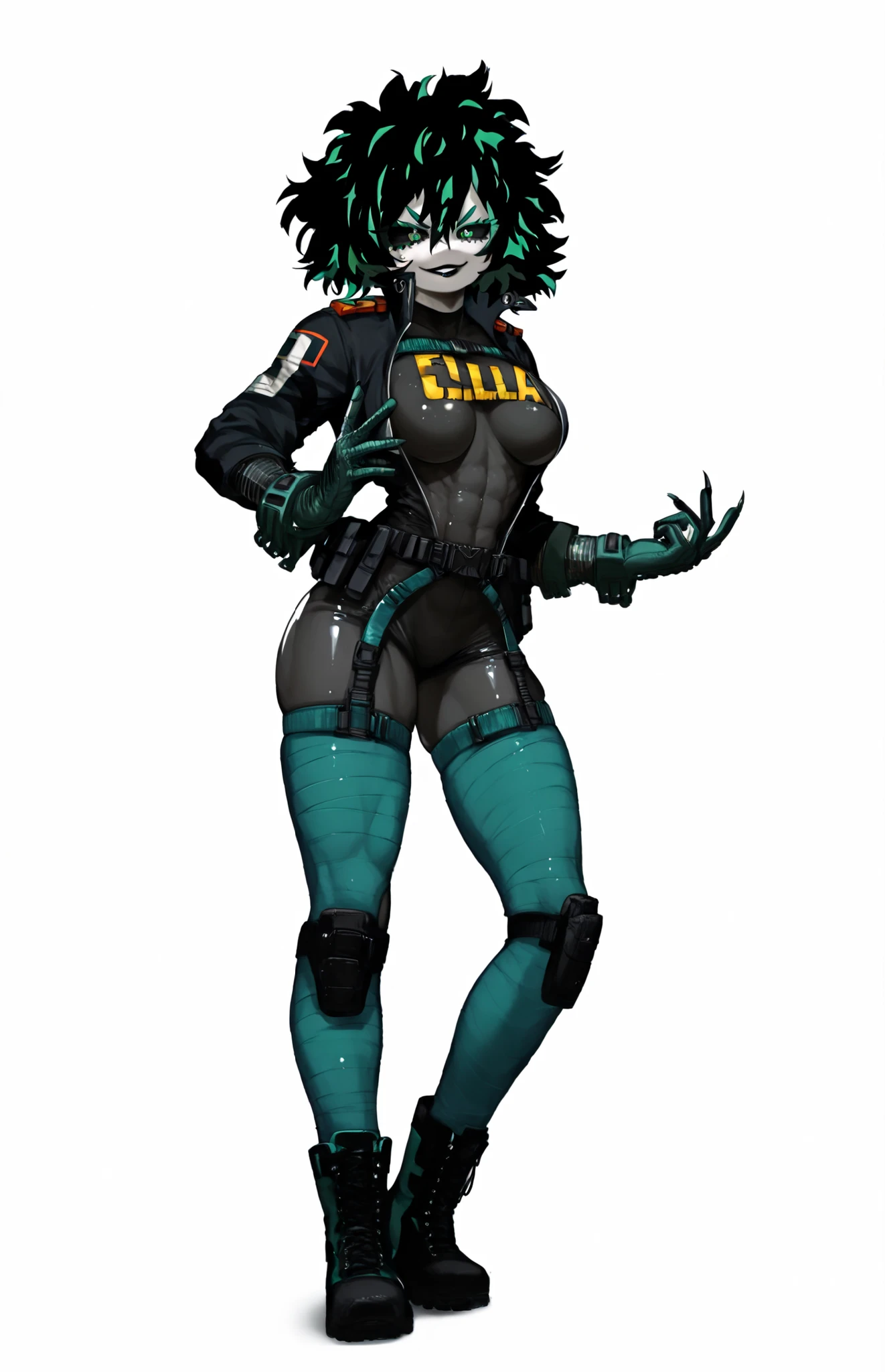 (My Hero Academia Style), (High Quality), (1girl), (solo), (female), (anthro), ((perfect face)), (((perfect hands))), (((perfect anatomy))), (Thigh Gap), (Knee gap), (ankle Gap), ((Full Body Photo:1.5)), ((looking at viewer)), ((skindentation)), (Standing), ((Izuku Midoriya)), ((genderbender)), ((Thick Toned Waist)), ((Thick Toned Thighs)), ((Thick Toned Claves)), ((Medium Breasts)), ((Black Skin Tight Bodysuit Tucked in Jacket)), ((Skin Tight Bodysuit Tucked in boots)), ((Black Metallic Bodysuit)), ((Green Ankle Feetwear Combat Boots)), ((Black Croppet Jacket)), ((Green Strap Bandaged Legwear Belts)), ((Green Handwear Combat Gloves)), ((Pale Skin)), ((Black Lipstick)), ((Smug)), ((Hair Between Eyes)), ((Hair Intakes)), ((Hair covered left Eye)), ((Covered Left Eye)), ((Black sclera)), ((Green Eyes)), ((Black Wavy Short Hair)), ((Green Colored Inner Hair)), ((Two-toned Messy Hair)), ((Black tactical surface fighter)), ((Separate Breast)), ((Simple Gray Background)), ((Slim Eyebrows)), ((V-Shaped eyebrows)), ((Eyebrows Visible Through Hair)), ((Eyes Visible Through Hair)), ((Evil Look)), ((Green Eyeliner)), ((Long Eyelashes)), ((Green Eyelashes)),