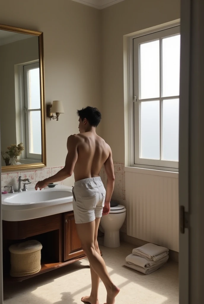 Handsome Canadian man、Luxury hotel bathroom、Back view、Butt、Long legs、Half face looking at camera、smile、Completely naked