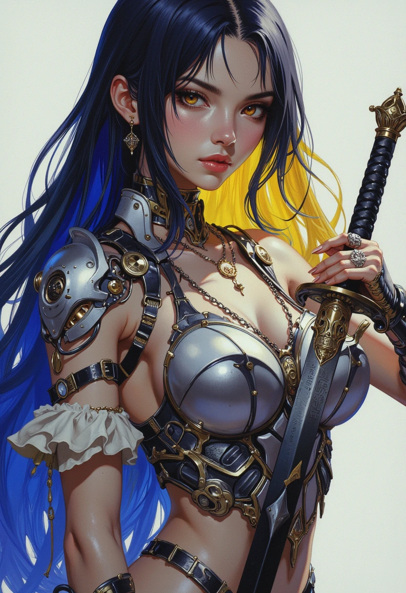 (((mulher))), (((melhor qualidade))), (((obra prima))), (((adulta))), Uma guerreira mulher de 35 anos com corpo perfeito, Brooklyn Gladiators, (( under boobs )), quase nua no estilo selvagem urbano de Simon Bisley para a capa da revista Heavy Metal, cabelo loiro, Minimum clothing, armadura (azul escuro com estrelas brancas e vermelho com listras brancas), cheio de pontas e rebites manchadas de tinta, tatuagem de estrelas de 5 pontas, (((corpo inteiro))), cabelo preto curto com franja branca cobrindo a testa