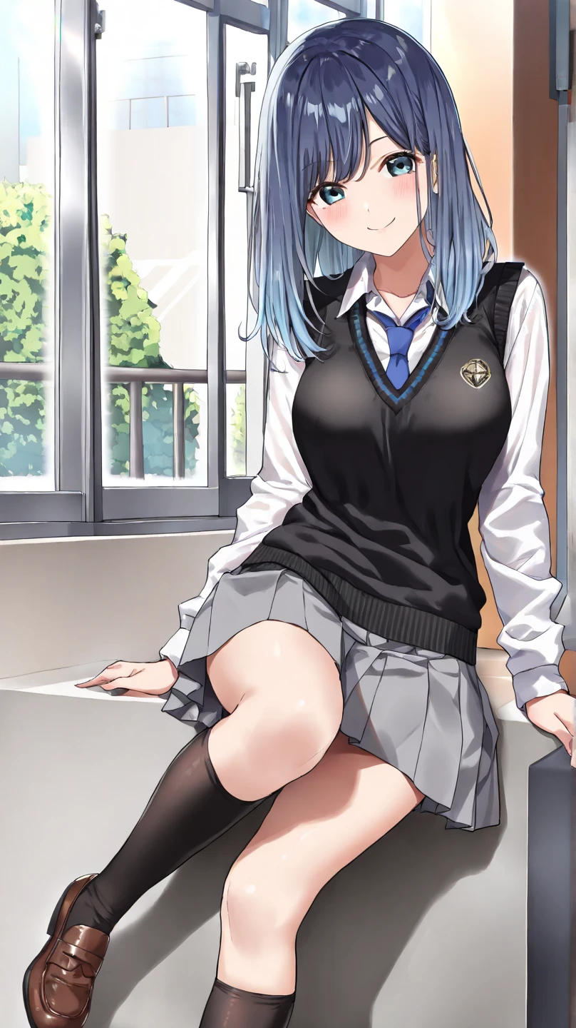 tall Good Style high-level image quality masutepiece, Best Quality, hight resolution, 1girl in, Fumakane, Blue hair, Short hair, Gradient Hair, large full breasts, blue bowtie, Collared shirt, Short sleeves, pleats a miniskirt, grey miniskirt, Cowboy Shot, Standing, Classroom thighs thighs thighs thighs undergarment take off panty skirt (huge tit:1.3) (Clothes are see-through:1.2) Chest that seems to burst Tight clothing Spilling breasts 爆乳