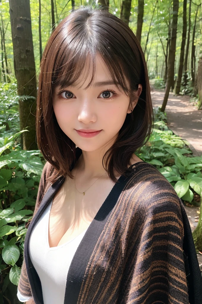 (masterpiece, Highest quality:1.3), (Super detailed:1.2), (hyperRealistic:1.3), (RAW Photos:1.2),High-definition RAW color photos, Professional photos, (PhotoRealistic:1.4), (Realistic:1.4), ,Professional Lighting, (Japanese), Beautiful Face, (Realistic face), Cute Woman, (Brown Hair, Big Breasts:1.2), (Bright smile:1.5), Trending Hair&Trending Hairカラーをランダムに, Sexy, erotic Sexy, Random sexy gravure poses, (Beautiful woman wearing a green cardigan and black bikini、Pushing out my chest in the woods、Smile seductively。:1.3)